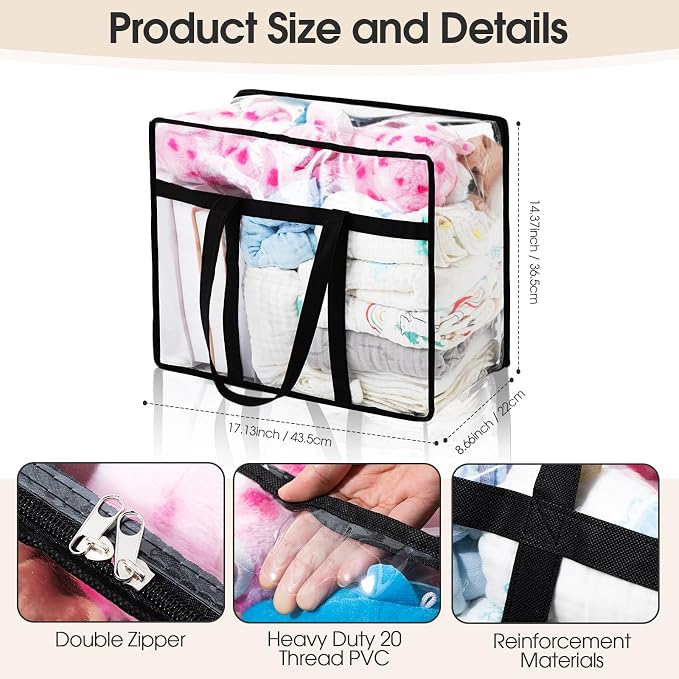 6 PCS Clear PVC Zippered Storage Bags 40L Plastic Closet Organizers and Storage Containers Foldable Moving Bags with Reinforced Handles for Bedding, Blankets, and Seasonal Clothes(Black)