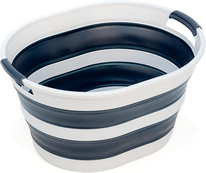 SAMMART 23L (6 Gallons) Collapsible Plastic Laundry Basket - Oval Tub/Basket - Foldable Storage Container/Organizer - Portable Washing Tub - Space Saving Laundry Hamper (Grey/Slate Grey)