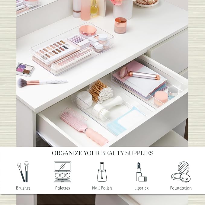 STORi SimpleSort 3-Piece Stackable Clear Drawer Organizer, 12" x 6" x 2" | Rectangle Trays, Wide Makeup Vanity Storage Bins, Office Desk Drawer Dividers, Made in USA