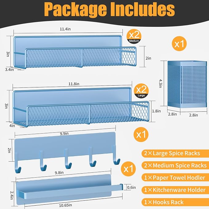 Magnetic Spice Rack for Refrigerator, 7 Pack Metal Magnetic Shelf Blue, Moveable Spice Organizer with Hook Rack, Paper Towel Holder, Kitchenware Holder, Strong Magnetic Storage Fridge Organizer