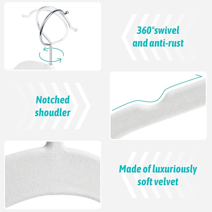 Sishynio Velvet Hangers 100 Pack, Space Saving Non Slip Hangers for Closet Organization, Slim Flocked Clothes Hangers with 360° Hooks for Shirts, Dresses, Pants, Coats and Tops(White)