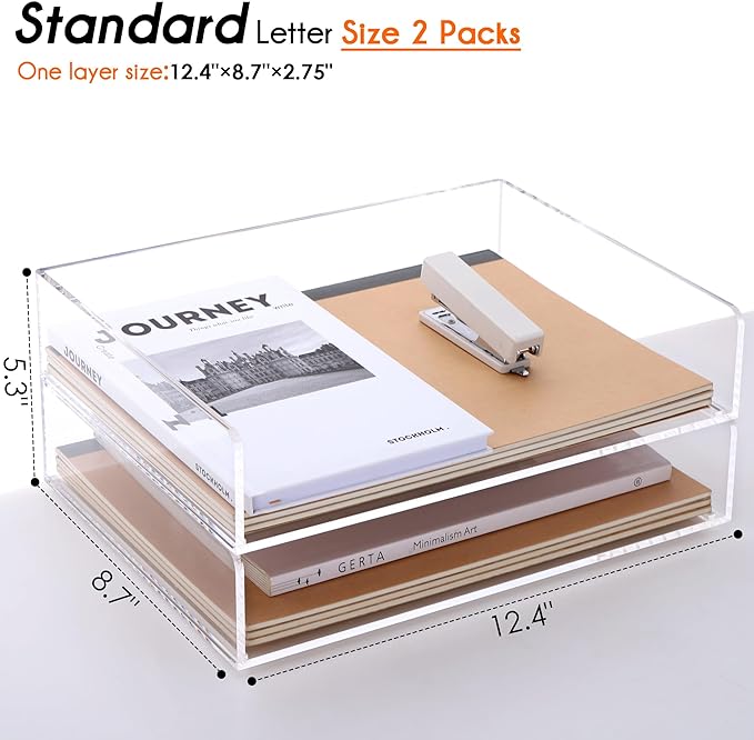 Paper Tray Organizer Clear Acrylic Desk Organizers and AccessoriesOffice Supplies Organization Stackable File Holder-Art Storage for School Classroom Workspace Letter Tray-2 Pack/2 Tier…