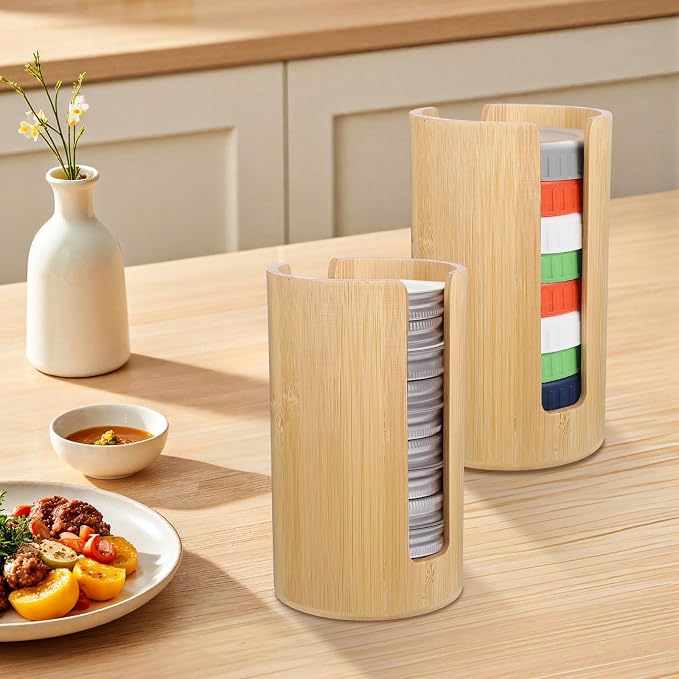 2Pcs Mason Jar Lid Organizer, Bamboo Vertical Storage Holder, Mason Jar Accessories, Bamboo Storage Holder for Home Kitchen Organization & Tumbler Lids (Wide Mouth & Regular Mouth)