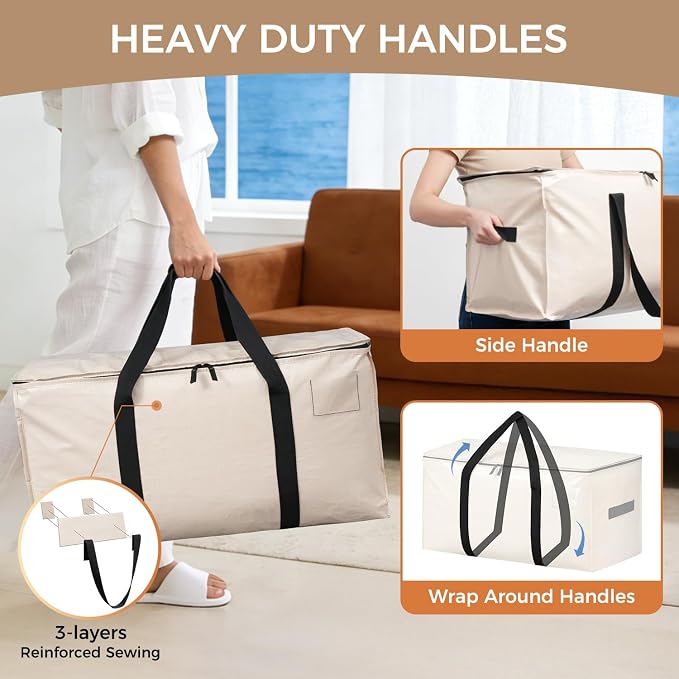 BAGAIL Heavy Duty Moving Bags with Strong Handle, Extra Large Moving Boxes, Storage Tote for Clothes, College Moving Supplies(Beige, 4 Pack)