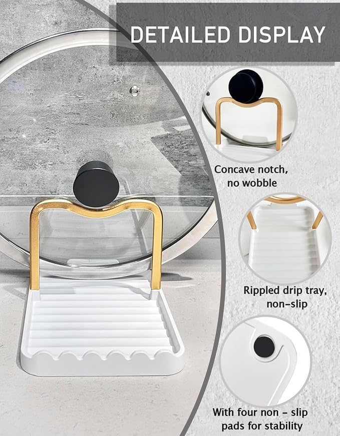 Anti-Rust Metal Spoon Rest with Lid Holder, Heat-Resistant Pot Lid Rest, Multifunctional Spatula Holder While Cooking for Stovetop and Kitchen Counter – Gold White