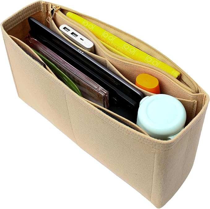 Surblue Purse Organizer Insert for Handbags, Felt Bag Organizer with Zippers Handbag Shaper Pouch for Classic 19 Flap Bag, Marmont, Onthego,（Khaki, Slender L）