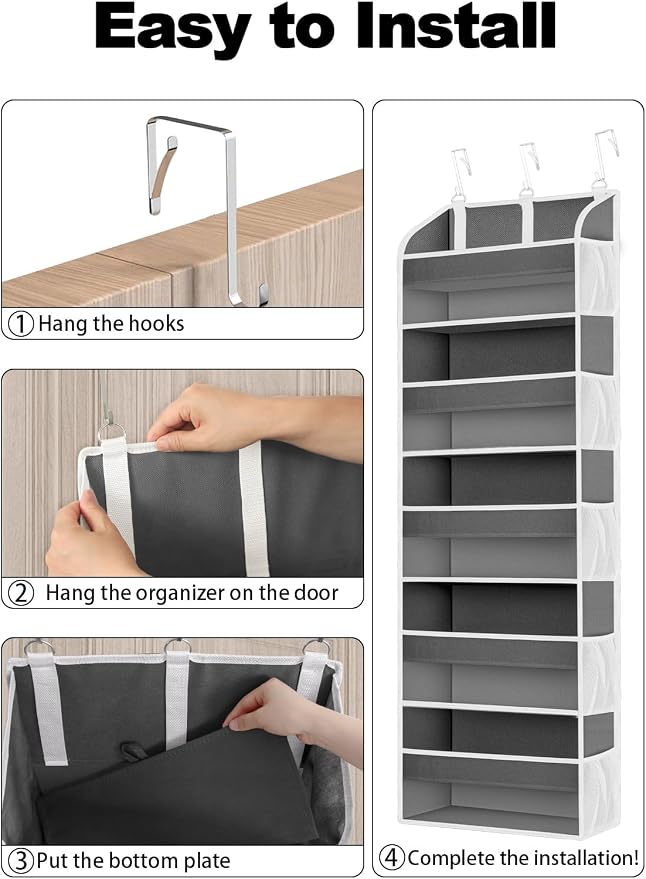 TAHAVICE Over the Door Organizer Storage, 5 Large & 10 Mesh Pockets | Hanging Organizer Closet College Dorm Essentials for Girls, Storage for Dorm Organization, Nursery & Bedroom (Dark Grey)