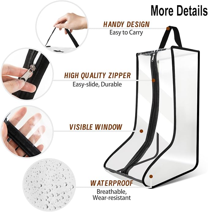 4Pack Boot Bags for Cowboy Boots Portable Tall Boot Storage Organizer Shoe Bags for Travel with Dust Covers (Clear Black)