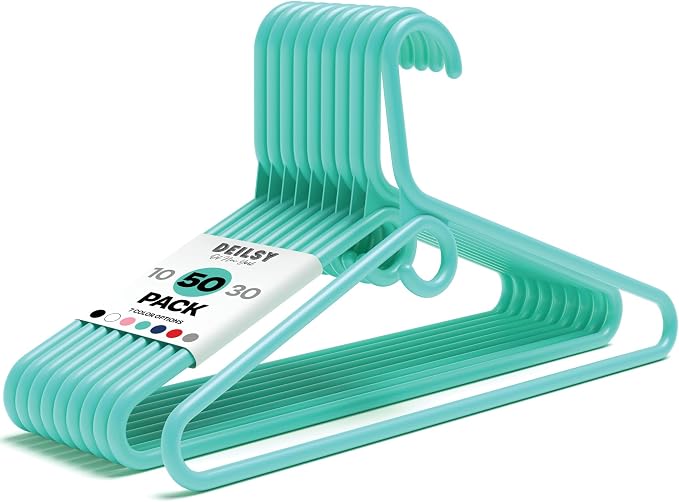 DEILSY™ Heavy Duty Plastic Hangers 50 Pack - Extra Heavy Duty Hangers for Clothes, Thick Aqua Plastic Hangers, Strong Clothes Hangers with Hook for Scarves & Belts