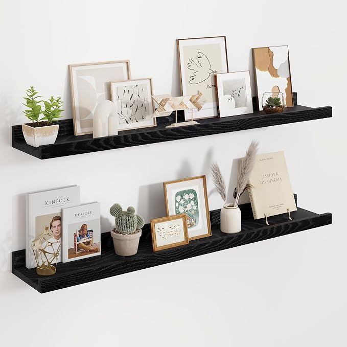 FLYJOE Floating Picture Ledge Shelves 36 Inch Solid Oak Wood Set of 2, Rustic Wall Storage Shelves with Lip, Kids Bookshelf, Photo & Picture Ledge Shelves for Bedroom, Living Room, Kitchen