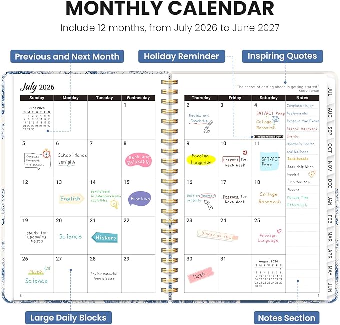 Planner 2026-2027, Hardcover Monthly and Weekly Academic Planner July 2026 - June 2027, Teacher and Student Calendar Agenda Book with Tabs, A5 (6.3" x 8.5"), Ideal for School and Office, Blue Elegance