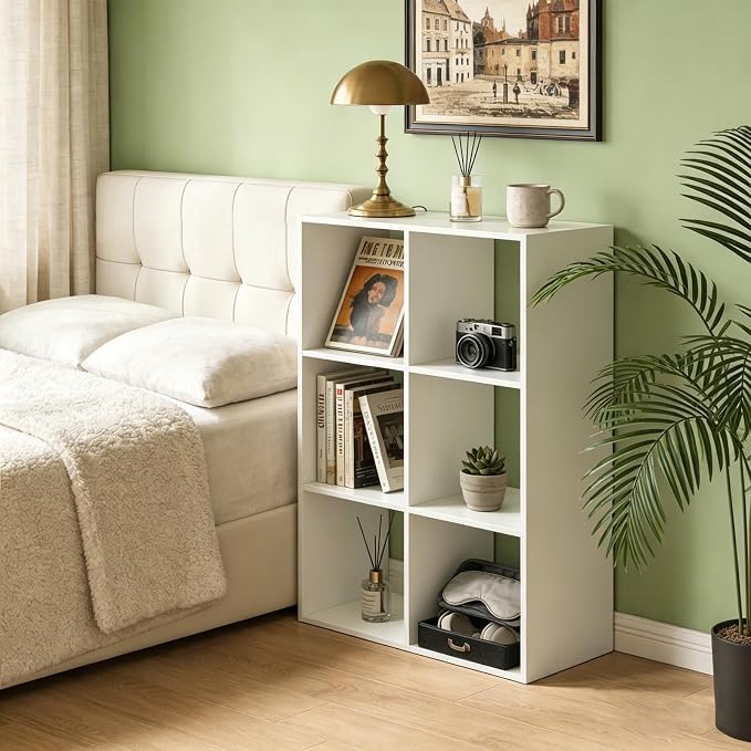 6 Cube Shelf Bookcase, White, 11in | Anti-Tipping Kits, Reversible Open Back, Multi Layer Multi Grid Partition Layout