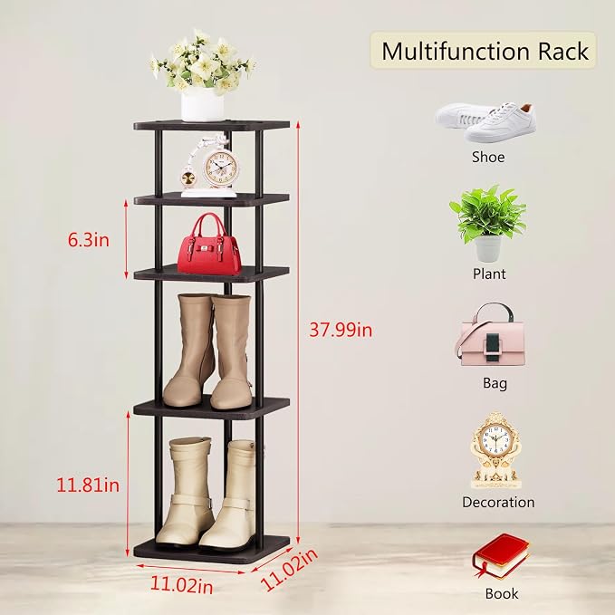 SORCEDAS 5 Tiers Vertical Shoe Rack Wooden Shoe Storage Organizer for Space Saving Narrow Shoe Shelf Storage 5 Pairs for Entryway Living Room Bedroom(Black + Rustic Dark Brown)