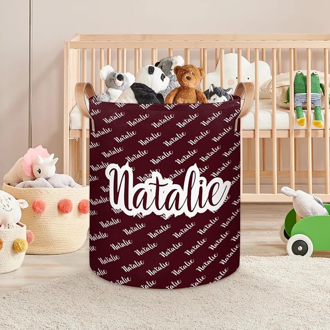 Personalized Laundry Basket, Custom Gift Laundry Hamper, Collapsible Nursery Waterproof Laundry Baskets, Dirty Clothes Toy Hamper with Handles Name Dark Red
