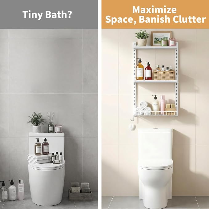 Kalrin 3 Tier Bathroom Shelves Over Toilet - Wall Mounted Floating Shelves with Drain Basket, Toilet Paper Storage, Height Adjustable Over The Toilet Storage, Pure White