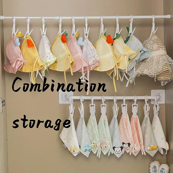 Kid Pants Hanger Organizer with 10 Clips - White & Plastic | Baseball Cap Display Holder, Closet Rail Wall Mounted Door Rack for Drying Baby Socks, Towel, Hats, Toddler Leggings