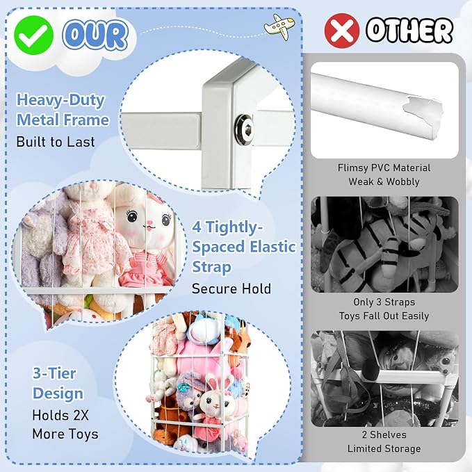 NomNest Stuffed Animal Storage Zoo – Large Metal Plushie Organizer Holds 50+ Toys, Heavy Duty Teddy Bear Toy Holder with Wheels for Bedroom, Playroom, Nursery (White)