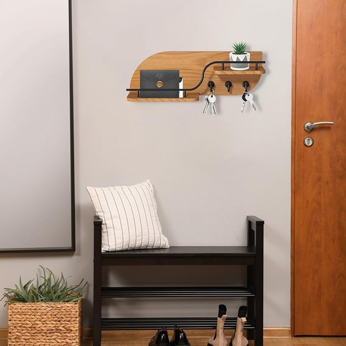 Modern Decorative Key and Mail Holder with 2 Floating Shelves, Wood Wall Mounted Key Organizer with 3 Metal Hooks for Home Entryway, Brown