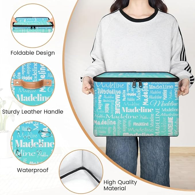 Custom Storage Basket with Name, Personalized Keepsake Box with Zipper Lid, Foldable Fabric Memory Bin Large capacity with Handle Blue Green Gradient