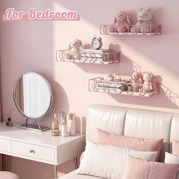 PHAREGE Moon Phase Floating Shelves White Pink, Set of 3 | Small Decorative Wall Shelves for Book Plant Storage, Crystal Figurine Collectibles Display Shelf for Bedroom Kid Room