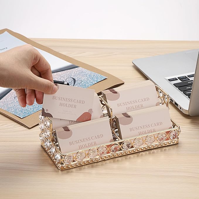 Hipiwe 2 Tiers Business Card Holder Gold Business Card Display Stand with 4 Slots Crystal Name Card Organizer for Office Exhibition Business