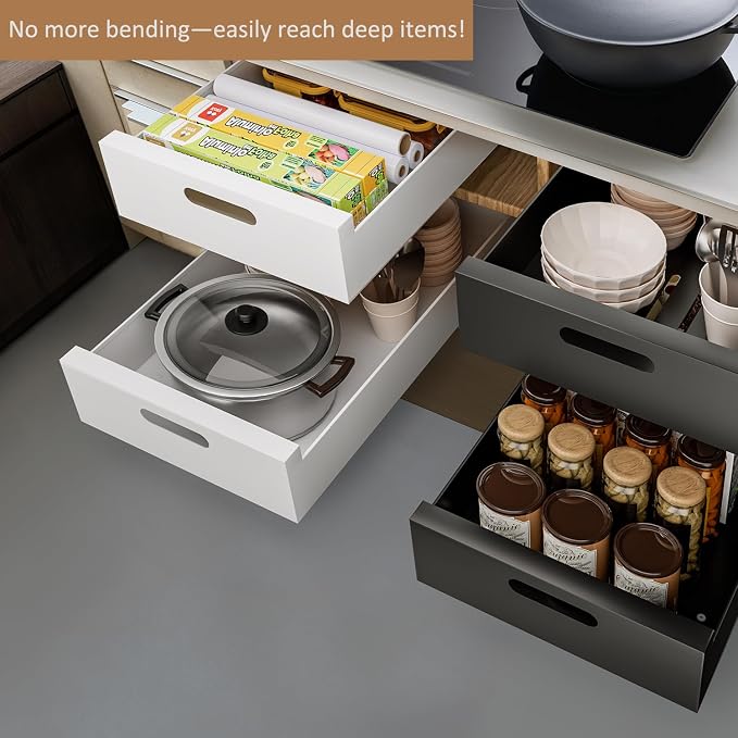 HBL' 2 Pack | 21" Deep Pull Out Cabinet Organizer Adhesive, 10-Inch Wide Sturdy Carbon Steel Roll-Out Drawers, Designed for Frameless Cabinets, Slide-Out Shelves for Pantry.