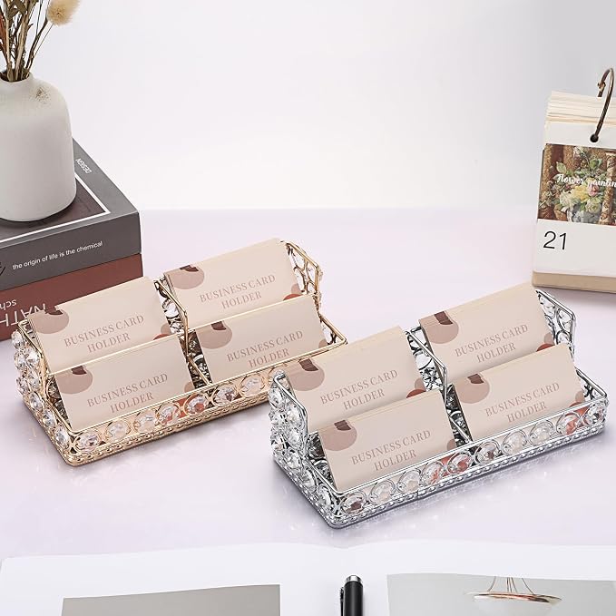 Hipiwe 2 Tiers Business Card Holder Gold Business Card Display Stand with 4 Slots Crystal Name Card Organizer for Office Exhibition Business