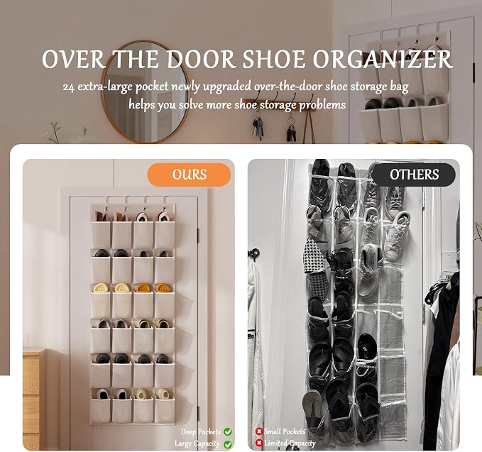 homyfort Over the Door Shoe Organizer, 24 Large Breathable Mesh Pocket,Space Saving Hanging Shoe Rack,Shoe Storage Holder for Entryway Bedroom Closet