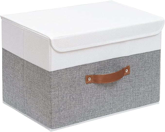 Yawinhe Collapsible Storage Bin, Cube Organizer Basket, Fabric Box with Lids, Washable and Leather Handle, for Home, Closet, White/Grey, 13.0''Lx9.0''Wx7.9''H, 1-Pack, SNK024WGS-1