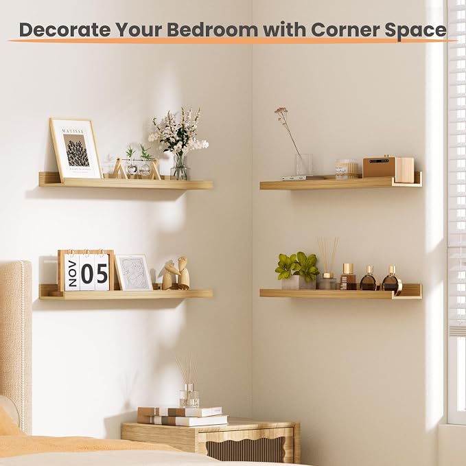 upsimples Floating Shelves for Wall, 23.6 Inch Shelves for Decor Storage Set of 6, Wall Mounted Wood Shelf for Bedroom, Living Room, Bathroom, Kitchen, Long Picture Ledge Shelves, Natural