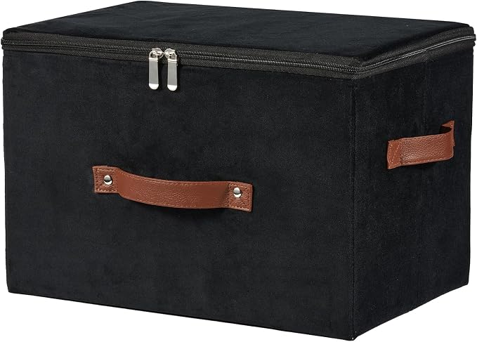 Storage Bins with Zipper Lid Velvet Fabric Storage Boxes Lidded Baskets Foldable Washable Decorative Closet Shelf Clothes Organizer Container with PU Leather Handles (Black, Large)