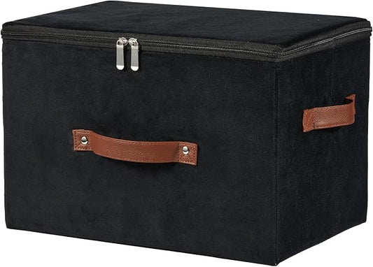 Storage Bins with Zipper Lid Velvet Fabric Storage Boxes Lidded Baskets Foldable Washable Decorative Closet Shelf Clothes Organizer Container with PU Leather Handles (Black, Large)