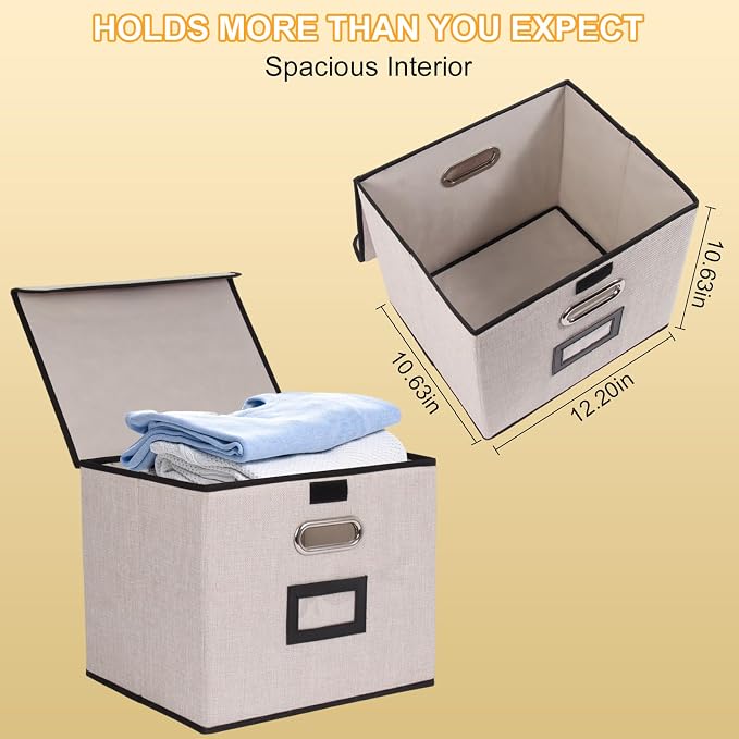 Large Square Storage Bin with Lid, Foldable Organizer Box with Handles & Label Design, for Office, Closet, Home, Documents, Grey, 12.20 x 10.63 x 10.63 Inches, 4 Pack