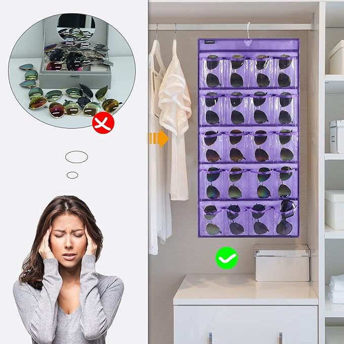 Dual Sided Hanging Sunglasses Organizer Storage Wall Mounted Eyeglasses Holder Eyewear Display Case with 40 Clear Slots (40 Pockets-Purple)