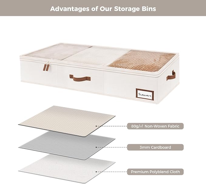 StorageWorks Under Bed Storage Containers with Handles and Label Holder, 2 Pack Ultra-thick Fabric Underbed Bins, Closet Organizer for Clothes, Blankets, Sweater