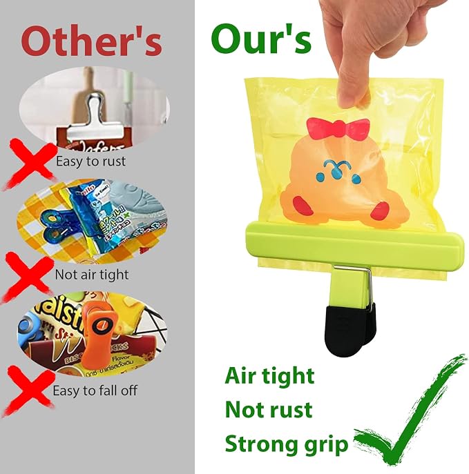 Chip Bag Clips 9pcs Air Tight, Heavy Duty, Sturdy Plastic Clips for Food Storage Assorted Sizes Food Bag Clamps for Kitchen Snacks