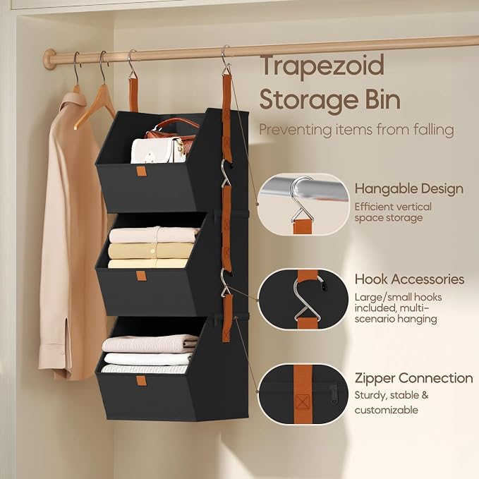 Homsorout Collapsible Hanging Closet Organizer - 3 Tier Closet Shelves Storage System with Hooks, Fabric Hanging Storage Bins for Clothes, Foldable Storage Basket for Laundry, Bedroom, Rv, Black