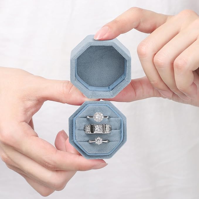 WantGor Velvet Ring Box, 3 Slots Jewelry Ring Gift Box Vintage Ring Holder | Ring Display Case for Wedding Ceremony Proposal Engagement (Ocean Blue)