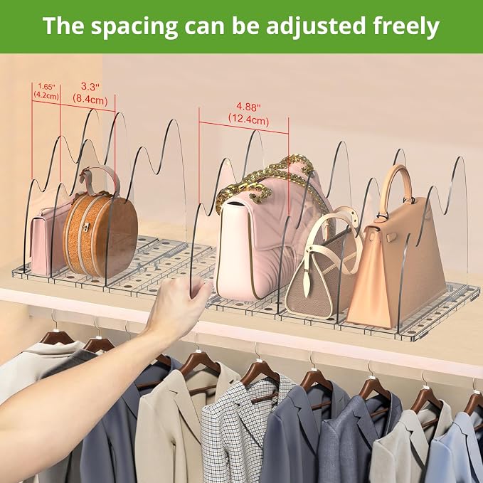 ANTOWIN 2 Pack Clear Purse Organizers for Closet, Adjustable Shelf Divider, Handbag Separators Storage Organizer, Shelf Divider in Bedroom, Office, Kitchen