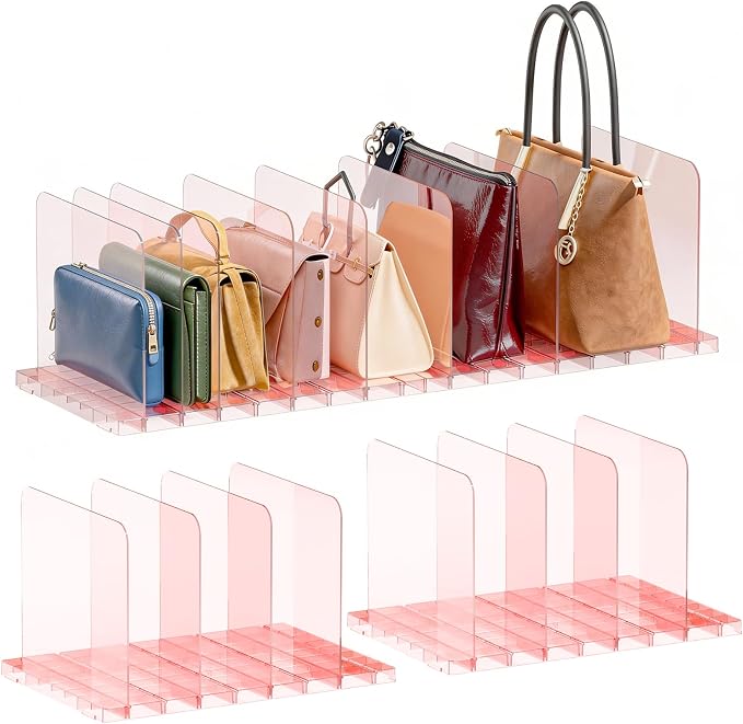 PAVSTINE 2 Pack Purse Organizer for Closet, Stackable Storage Shelf, Pink | Adjustable Clear Shelf Dividers, Keep Clutch, Bag, Pocketbook Upright, Stackable to Save Space, for Bedroom