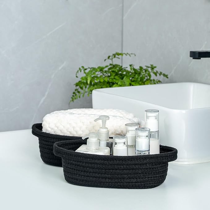 CubesLand Small Storage Basket Cotton Rope Organizer Baskets for Shelves | Set of 5 Decorative Closet Storage Bins with Handle for Countertop, Toilet Paper Basket for Toilet Tank Top, Black Basket