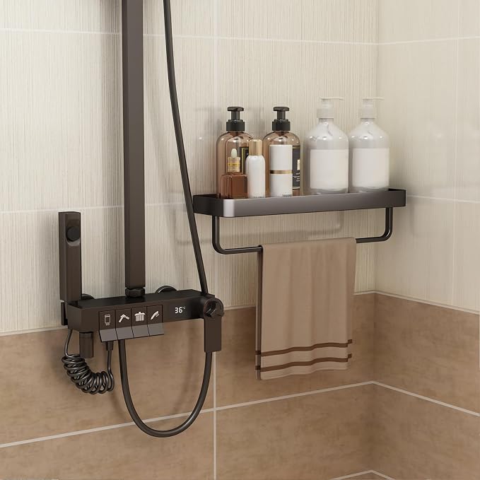 Danpoo 16 Inch Long Floating Bathroom Shelf with Towel Bar, Clear Tempered Glass Wall Shelf with Hand Towel Holder for Bathroom Storage Organizer, Matte Black
