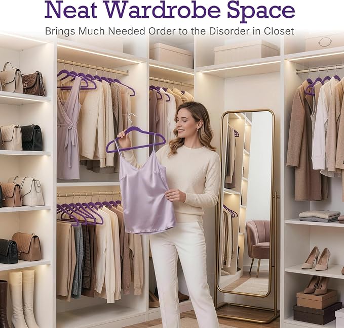 HOUSE DAY Noble-Purple Velvet Hangers 60 Pack, Non Slip Clothes Felt Hanger Heavy Duty for Coat, Premium Slim Space Saving Suit Hangers for Closet Organizer, 360° Rotating Silver Hook