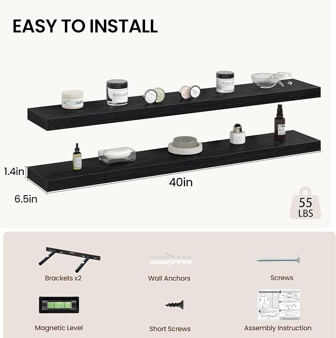 Vivelove 40 Inch Floating Shelves Wall Mounted for Display, 6.5 Deep Duty Shelves with Invisible Brackets for Living Room,Bedroom,Kitchen, Bathroom Storage & Decor,40" Wx6.5 Dx1.4 H - Black