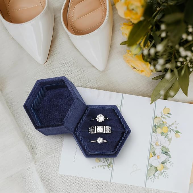 WantGor Velvet Jewelry Ring Box, 3 Slots Hexagon Ring Gift Box Ring Holder | Vintage Ring Display Case for Wedding Ceremony Proposal Engagement (Navy Blue, 3 Slots)