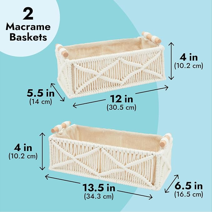 Okuna Outpost Macrame Storage Basket Set - Macrame Shelf Baskets for Storage - Cotton & Wood Handle Organizer for Bathroom & Nursery Decor - Pack of 2, Ivory, 13.5 x 6.5 x 4 & 12 x 5.5 x 4 in