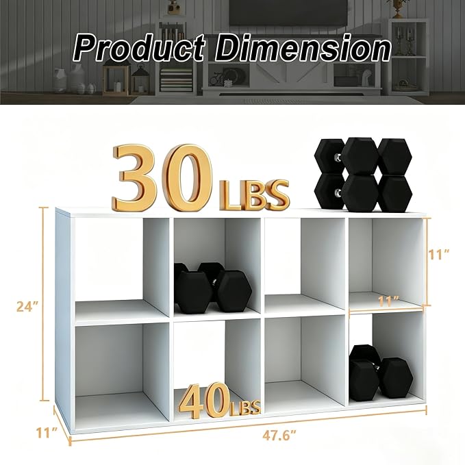 8 Cube Shelf with Anti-Tipping Kits + Reversible Open Back Bookcase, Multi Layer and Multi Grid Partition Layout (White 11in)