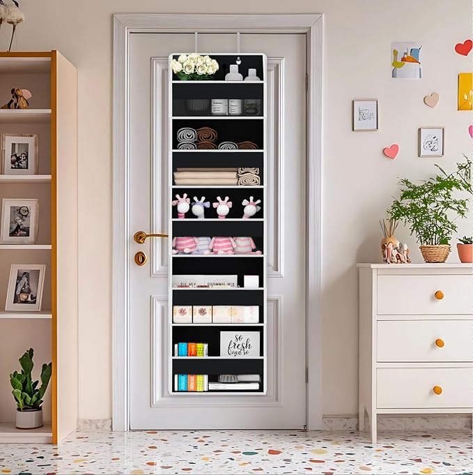 Over Door Organizer - Over The Door Storage Organizer with 5 Large Pockets & 10 Mesh Side Compartments - Heavy-Duty Hanging Storage for Bathroom, Bedroom & Nursery - Room Organizer Solution - Black