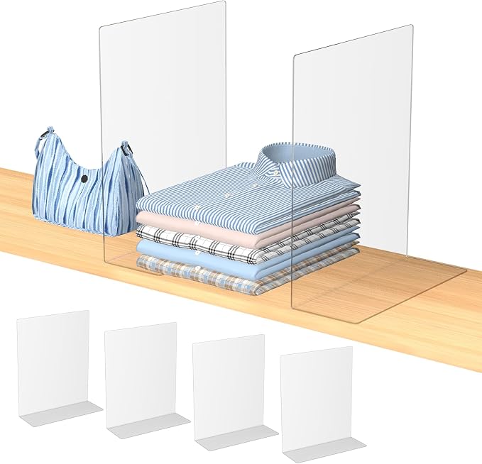 OKPOW Acrylic Shelf Dividers for Closet Organization: 4 Pack Durable Clear Shelves Separators for Clothing Adjustable 12" Tall x 10" Deep