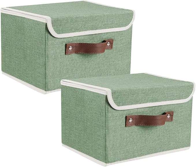 2Pack Storage Bins Boxes with Lids 15"x10"x10" Decorative Storage Baskets | Cotton Linen Fabric, Collapsible, Faux Leather Handles, Storage Cubes, Closet Shelf Clothes Organizer Container, Green